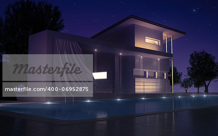 Modern villa with waterpool day and night view