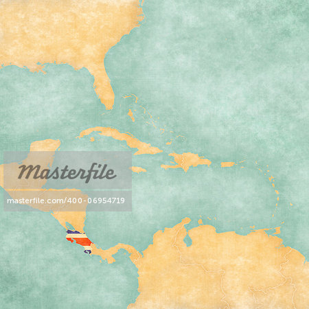 Costa Rica (Costa Rican flag) on the map of Caribbean and Central America. The Map is in vintage summer style and sunny mood. The map has a soft grunge and vintage atmosphere, which acts as a watercolor painting.