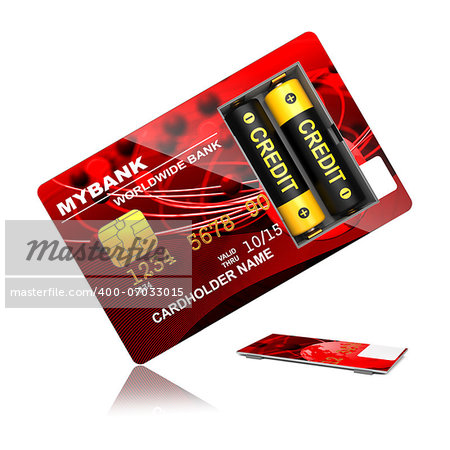 Credit Concept. Red Credit Card with Batteries that say "Overdraft".