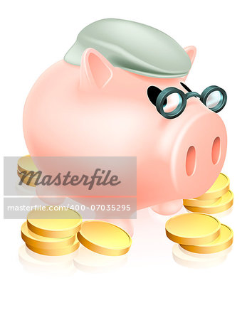 A piggy bank with old man's cap or hat and glasses surrounded by coins. Pension savings fund or plan concept.