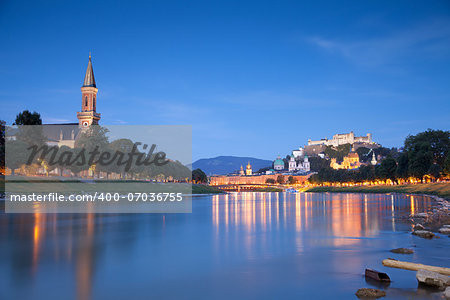 Image of Salzburg during twilight blue hour.