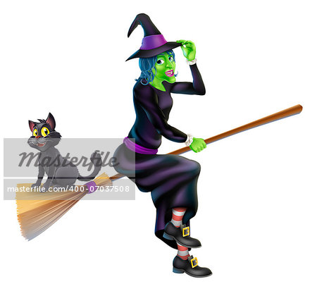 An illustration of a Halloween Witch with her black cat flying on her magic Broomstick