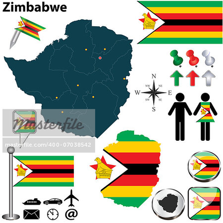 Vector of Zimbabwe set with detailed country shape with region borders, flags and icons