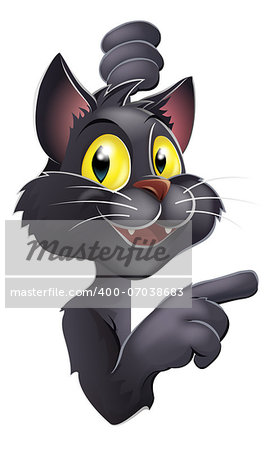 An illustration of a black cat peeping round a banner or sign and pointing. Could be a black witches cat cartoon character for Halloween