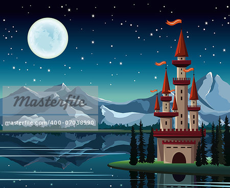 Starry night with full moon, red castle and lake on a mountains background