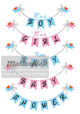 baby shower with bunting flags and birds, vector design elements