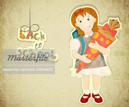 Back to School Vintage Card in Austria and German Tradition - Girl holds School Cone. Retro Style. Vector Illustration.