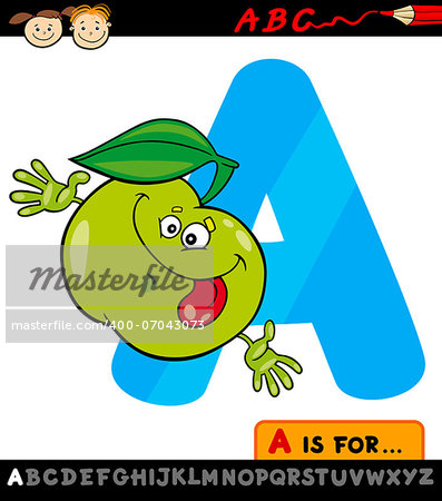 Cartoon Illustration of Capital Letter A from Alphabet with Apple Fruit for Children Education