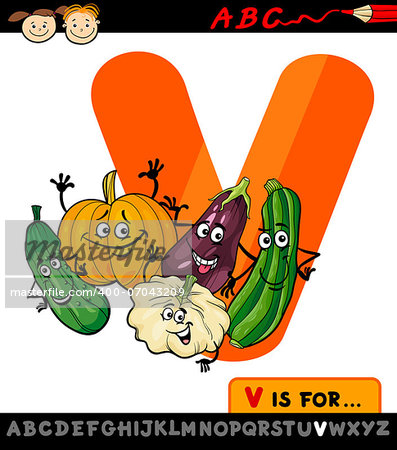 Cartoon Illustration of Capital Letter V from Alphabet with Vegetables for Children Education