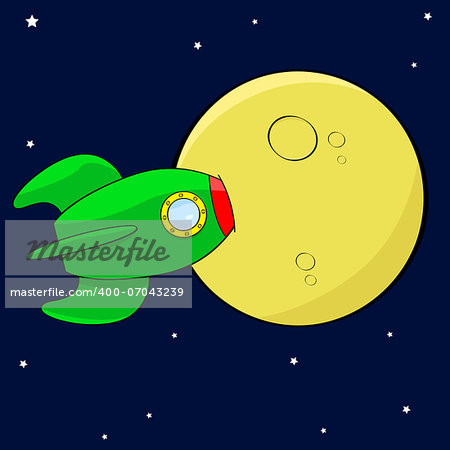 Cartoon illustration showing a rocket hitting the moon straight on