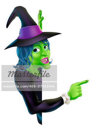 An illustration of a friendly cartoon Halloween witch character peeking round a banner and pointing