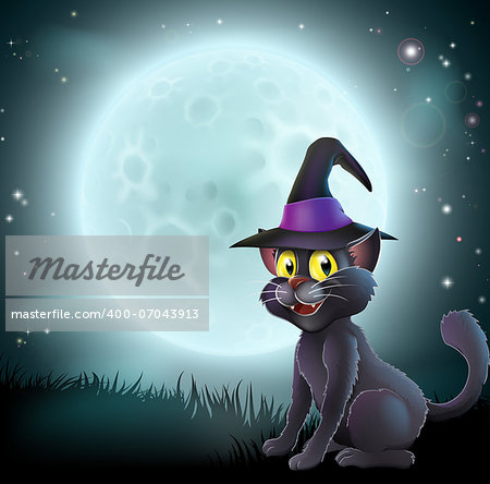 Illustration of a Halloween witch cat in a pointy hat  in front of a big full moon on a misty night