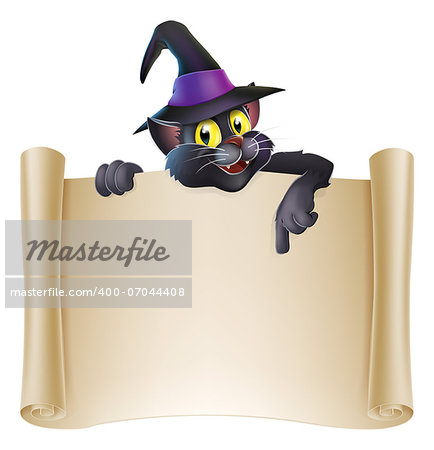 Drawing of Halloween black cat in witch hat above a scroll sign pointing down