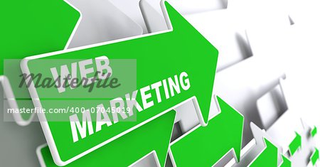 Web Marketing - Internet Concept. Green Arrow with "Webinar" slogan on a grey background. 3D Render.