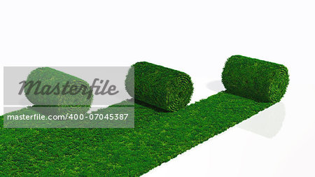 three rolls of grass carpet that are side by side are unrolling in the same one direction on a white background