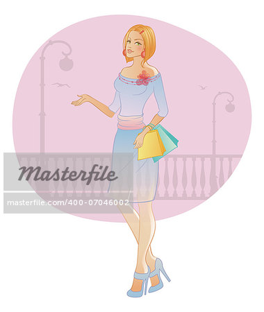 Vector illustration of Beautiful fashion woman with bag