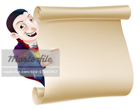 An illustration of a Halloween Vampire Dracula character peeping round a scroll sign or banner and pointing at it