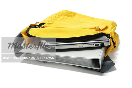 Laptop And File In Yellow Backpack On White Background