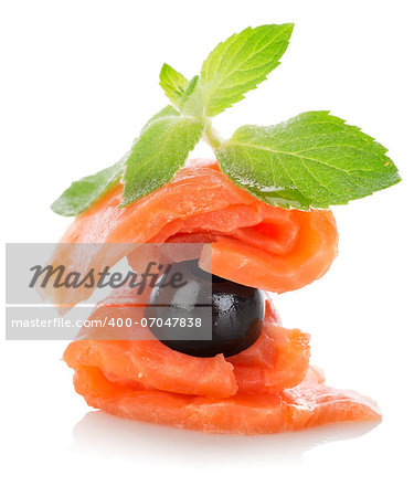 Pyramid with rolls of red fish isolated on a white background