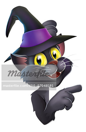 An illustration of a black witches cat in pointy witch hat leaning round a Halloween sign or banner and pointing