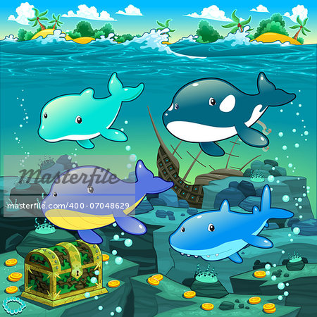 Seascape with treasure, galleon and fish. Vector cartoon illustration