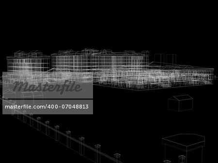 Abstract archticture. Wire-frame render on black background