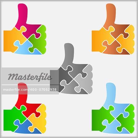 Set of abstract puzzle thumbs up icons, design elements for your logo, vector eps10 illustration