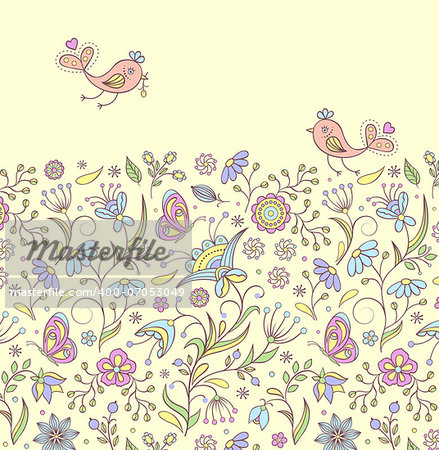 Vector illustration of pattern with abstract flowers and birds.