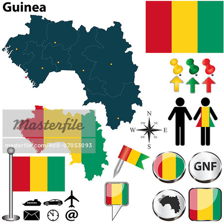 Vector of Guinea set with detailed country shape with region borders, flags and icons