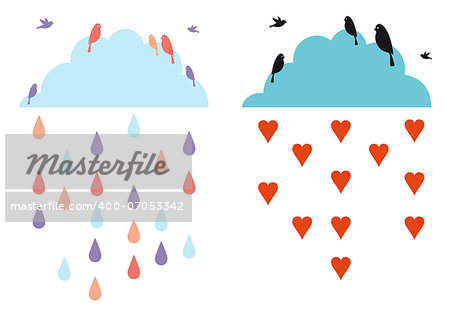 rainy clouds in the sky with birds, vector illustration