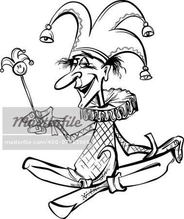 Black and White Cartoon Illustration of Funny Court Jester or Joker