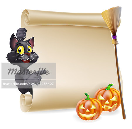 A Halloween scroll with black cat pointing at the scroll sign and carved Halloween pumpkins and witch's broom stick