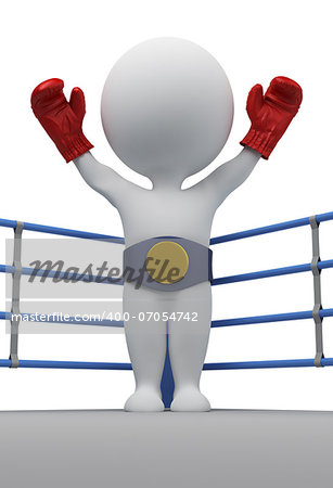 3d small people - boxer with a belt of the champion. 3d image. Isolated white background.
