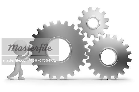 3d small people rolls gears. 3d image. Isolated white background. Clipping path included.