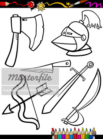 Coloring Book or Page Cartoon Illustration of Black and White Old Weapons Objects Set for Children Education