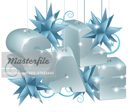 Christmas or New Year Sale Ornaments spelling out the word sale with star shaped baubles and scroll swirl pattern