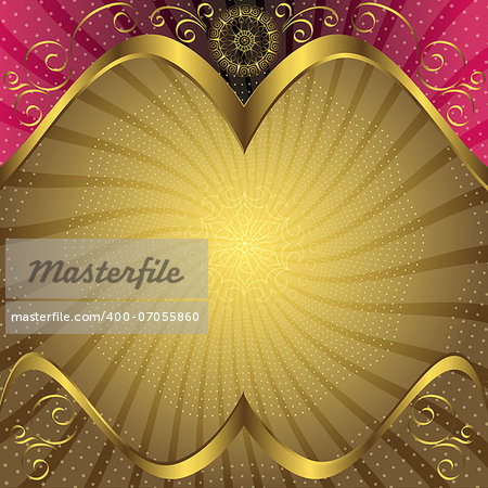 Vintage background with gold translucent rays, mandala> polka dots and curls (vector vector EPS 10)
