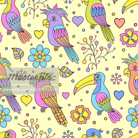 Vector illustration of seamless pattern with tropical birds - toucans and parrots