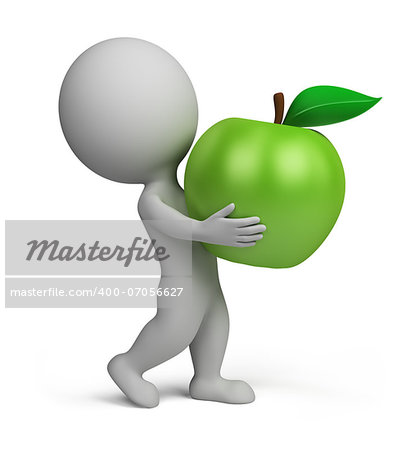 3d small person carrying a green apple. 3d image. Isolated white background.