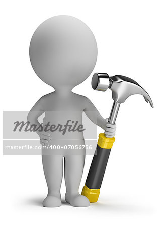 3d small person with hammer. 3d image. Isolated white background.