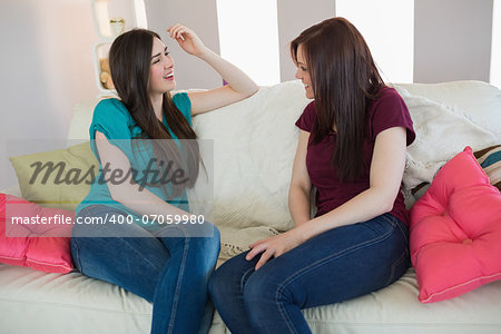 Two friends chatting on the sofa at home in living room