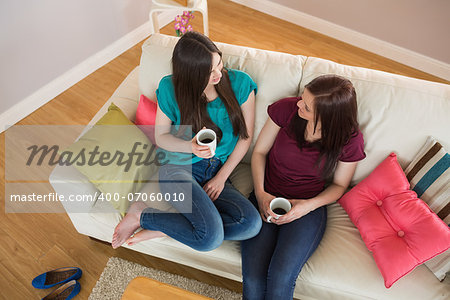 Two happy friends drinking coffee and chatting on the couch at home in the living room