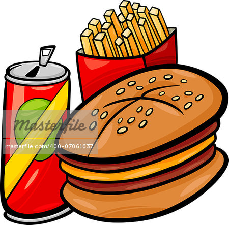 Cartoon Illustration of Fast Food Set with Hamburger and French Fries and Soda Clip Art