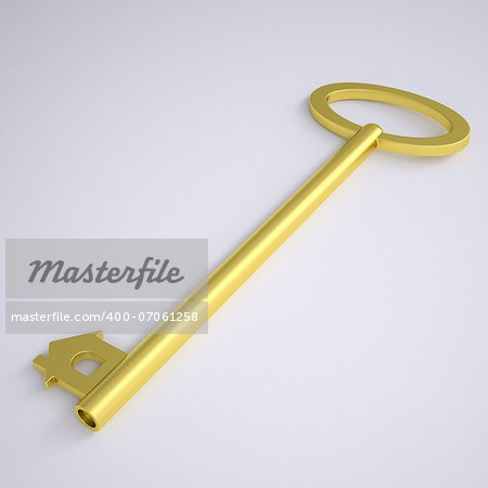 Key with home icon. Render on a gray background