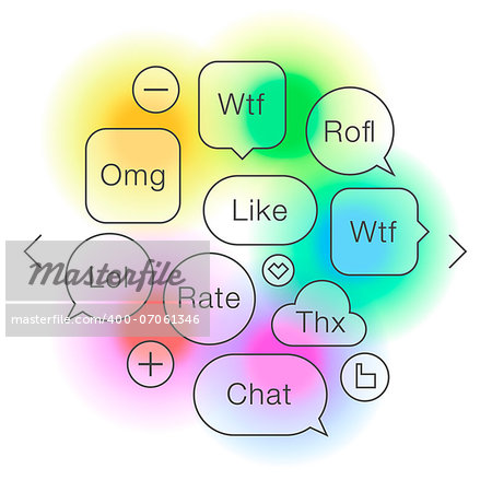 Social network symbols in speech bubbles with most common used acronyms and abbreviations, vector illustration.