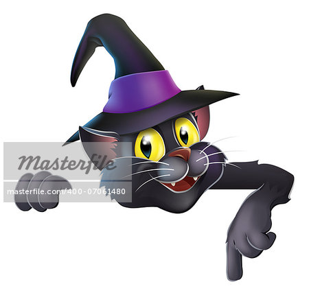 A happy cute Halloween black witch's cat wearing a witch's hat and pointing down at your banner or sign