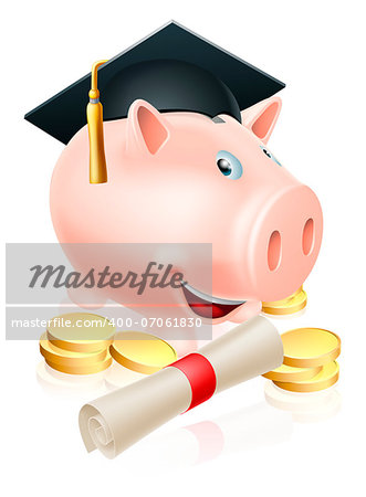 Happy piggy bank cartoon with graduation cap and diploma scroll with gold coins. Saving for a career or education.