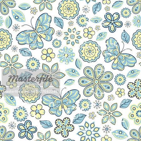 Vector illustration of seamless pattern with abstract flowers and butterflies.Floral background