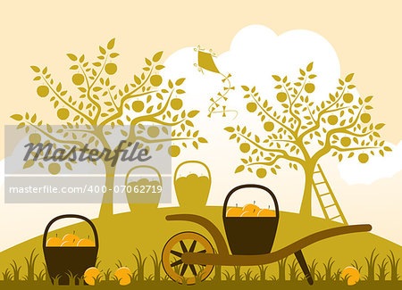 vector hand barrow and baskets of apples in apple orchard, Adobe Illustrator 8 format