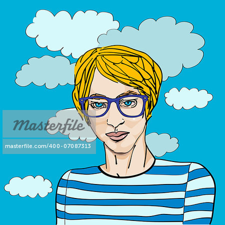 Youg hipster portrait with glasses over a blue background with clouds, hand drawn pot art illustraton